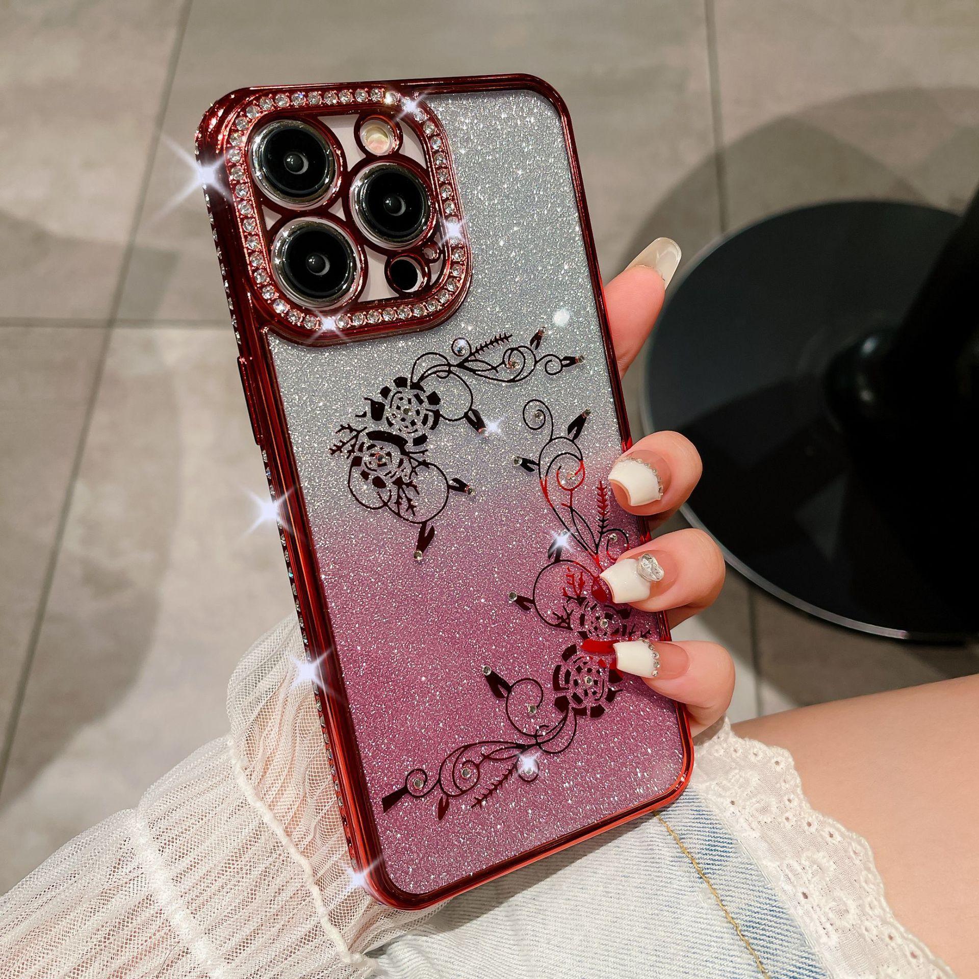 

Подходит для iPhone15PRO, чехол для мобильного телефона с постепенным изменением цвета, стразы, роза, чехол для Apple 14, гальванический защитный чехол TPU13 iPhone12