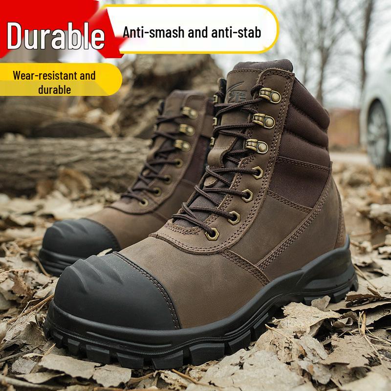 Men's High-Top Wheat Safety Shoes: European Standard, Anti-Smash, Anti-Pierce, Wear-Resistant, Durable Leather with Zipper Style.