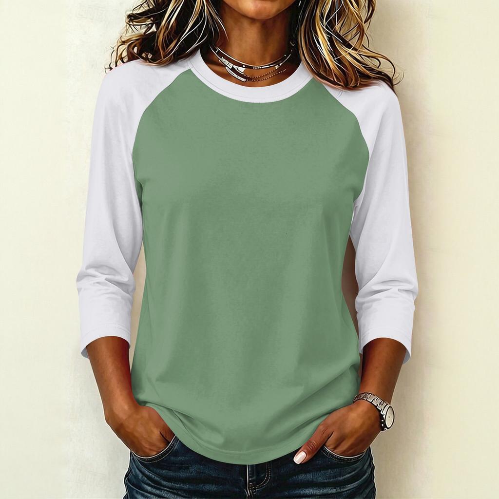 Women's Casual Color Block Pullover T-Shirt, Raglan 3/4 Sleeve, Round Neck, Lightweight Top for Summer, Spring, and Fall