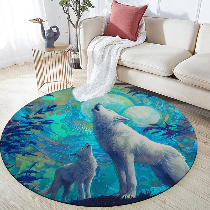Two White Wolves,Round Area Rug,Carpet Rug for Living Room Bedroom Sofa Playroom Decor,Non-slip Floor Mat