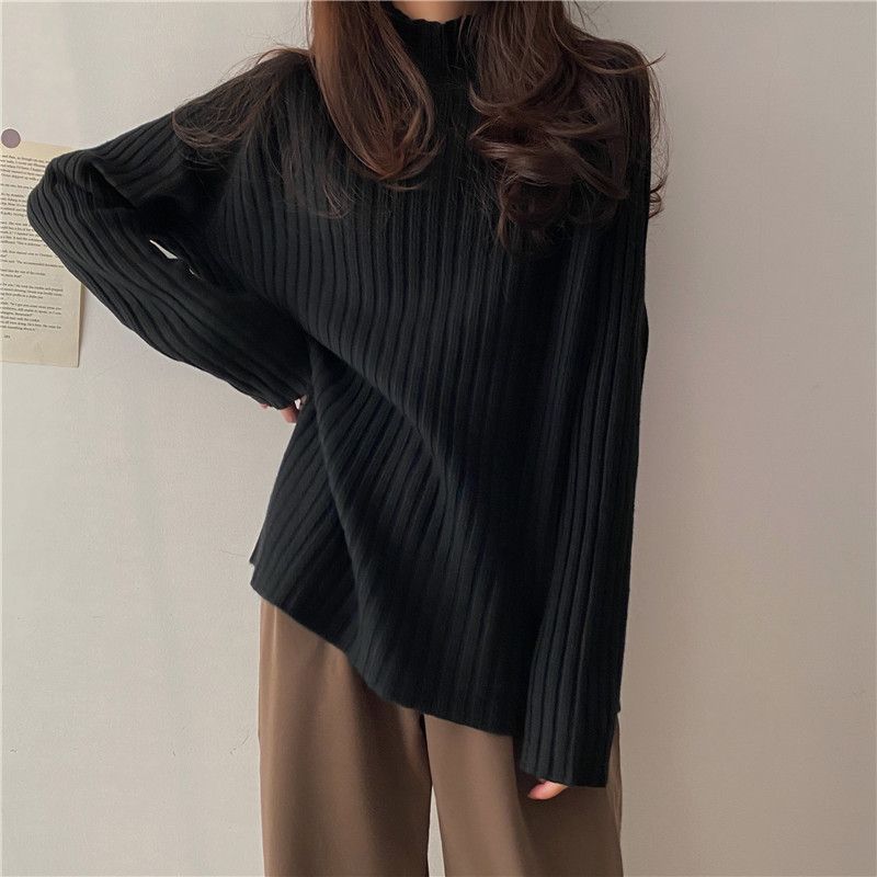 Half Turtleneck Knitted Sweater Loose Solid-color Sweater for Women Casual and Versatile Pullover for Autumn and Winter Outerwear