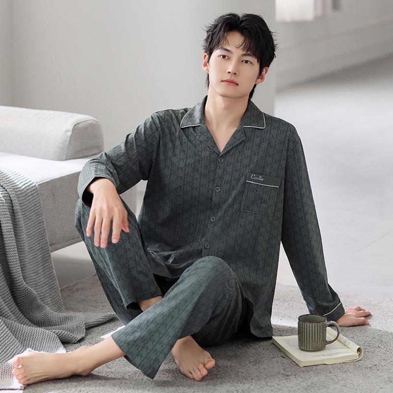 Pajamas Men'S Spring And Autumn Pure Cotton Long-Sleeved Autumn Plaid High-End Sense Can Be Worn Outside Qingzhong Spring Loungewear Suit