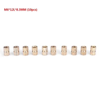 10 vnt. M6 žalvariniai cilindriniai rievėti apvalūs įterpiami įpresuojami riešutai (M6*12L*8.3MM)