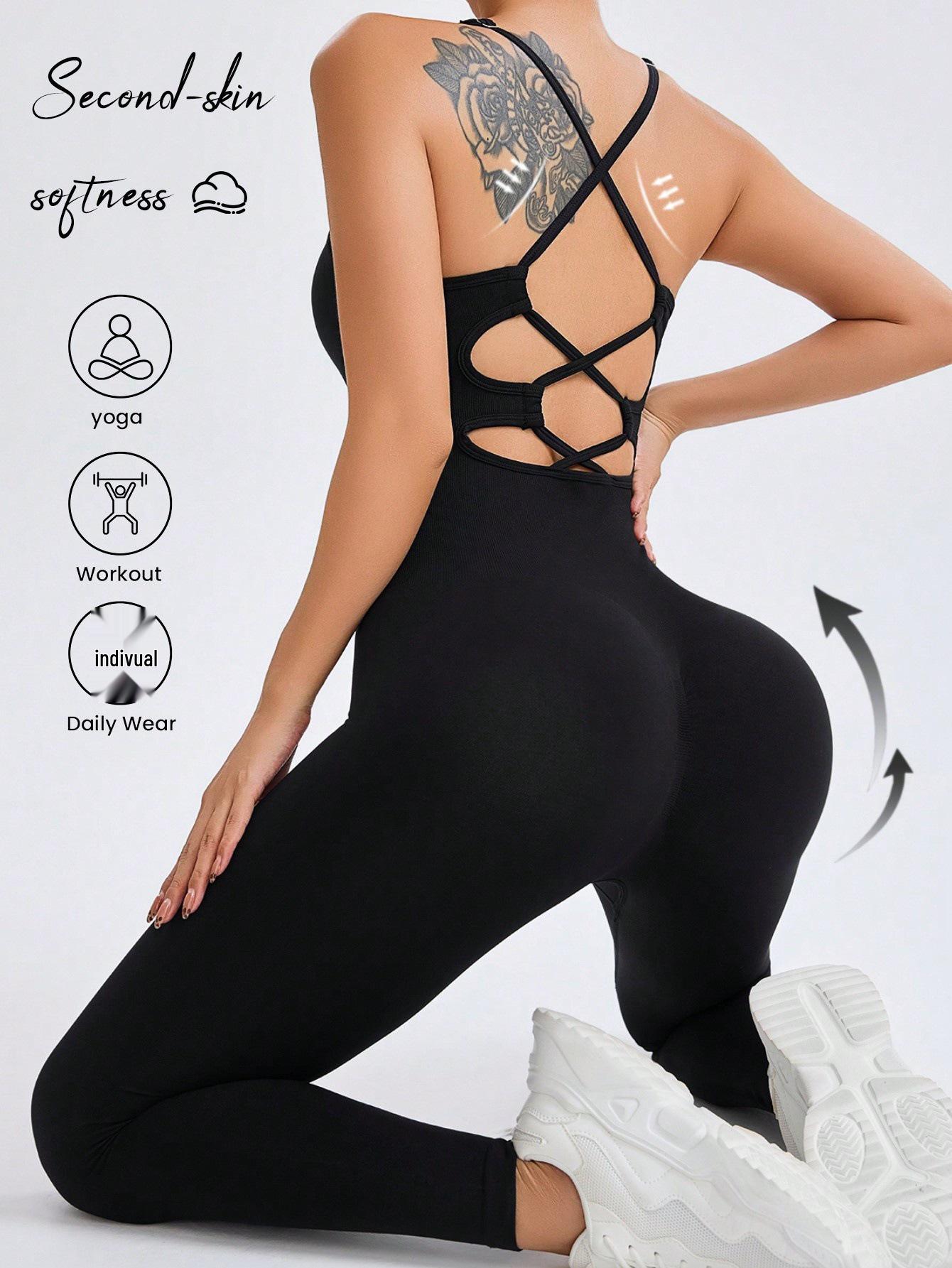 

2025 Женский боди для йоги с эффектом пуш-ап, комбинезон - на бретелях, бесшовный, спортивный и сексуальный фитнес-одежда Large чёрный