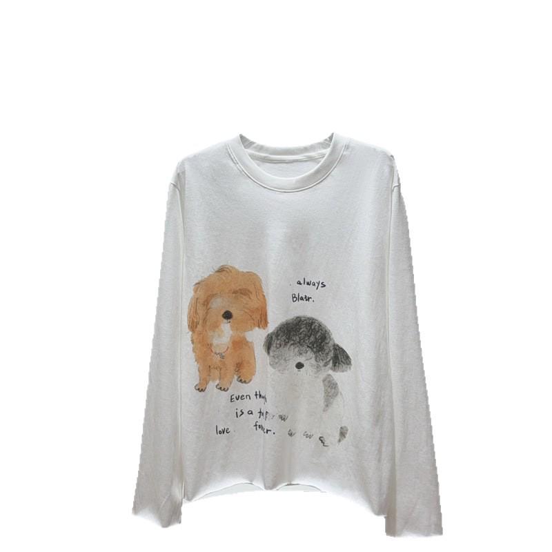 ID25 Early Autumn Puppy Print Rolled Edge Long Sleeve Loose Pullover