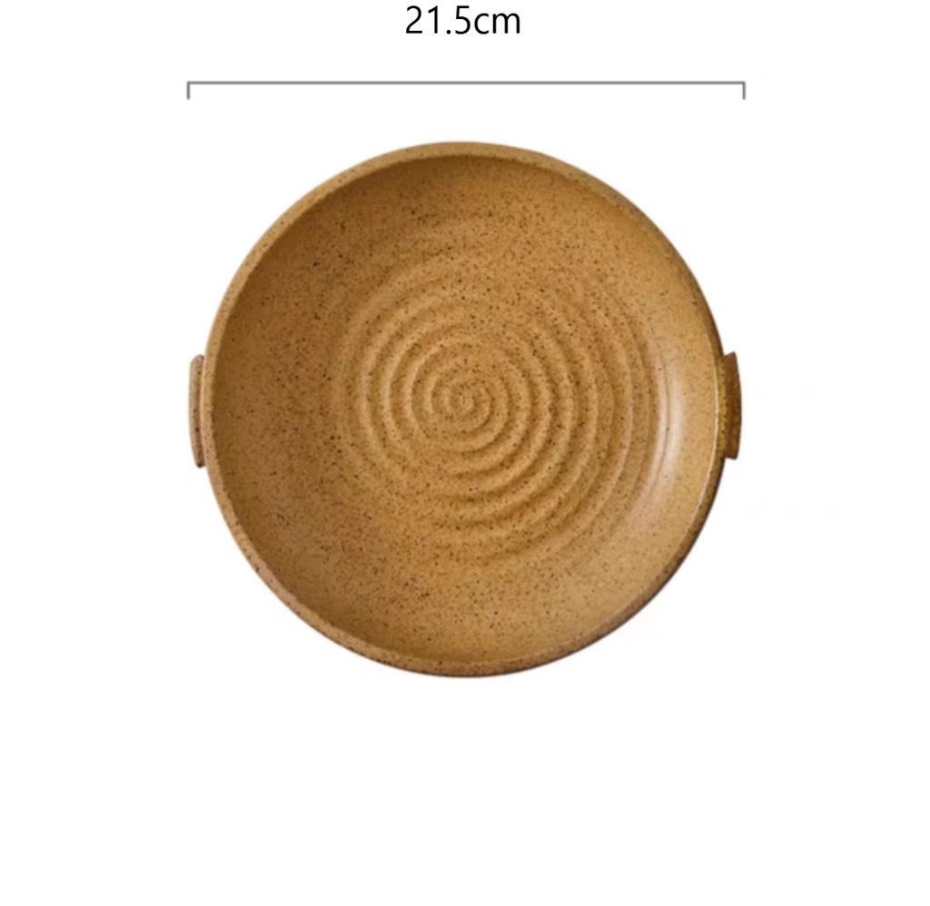 Double Ear Circular Dessert Plate Japanese Style Household Deep Plate Coarse Pottery Sushi Plate Household Tableware