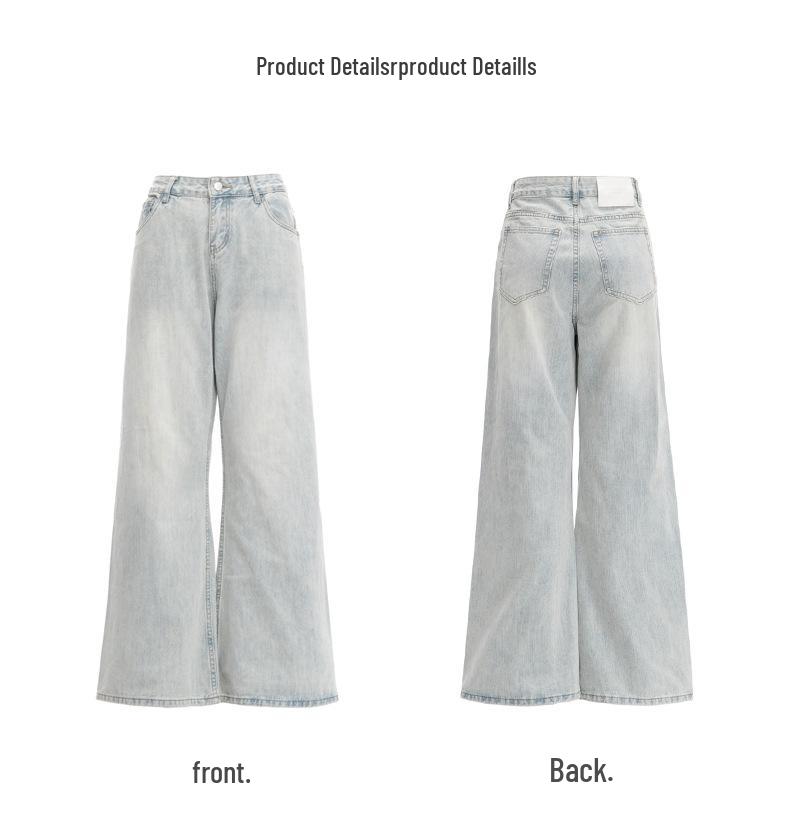 Women's Light Blue Retro Washed Denim Jeans, 2026 Spring/Summer, Loose Wide-Leg, Slimming Straight Pants