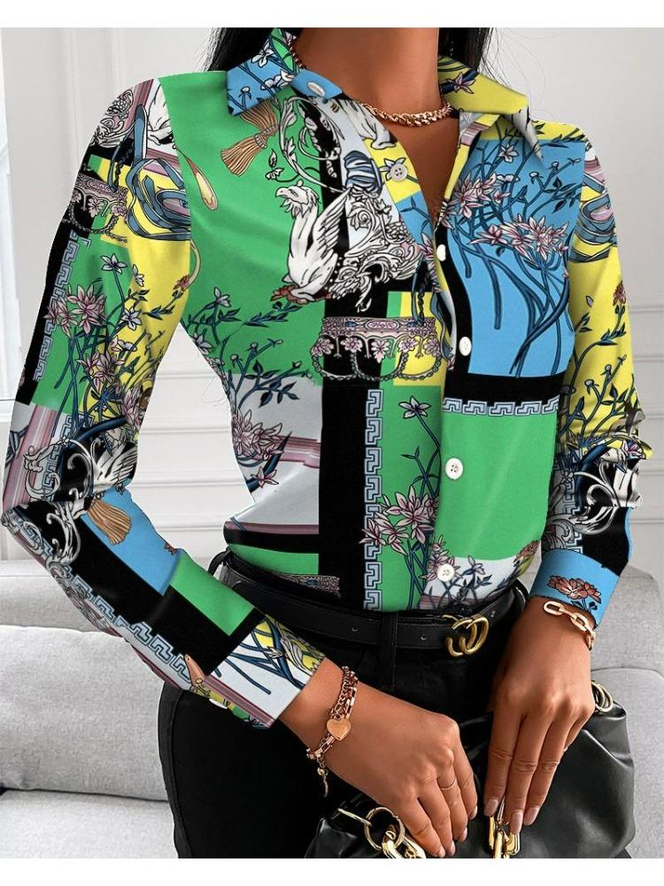 Elegant Blouse Women's Fashion Shirt 2026 Spring/Summer V-Neck Contrast Retro Print Slim Fit Top Office Lady Shirts S-XXXL