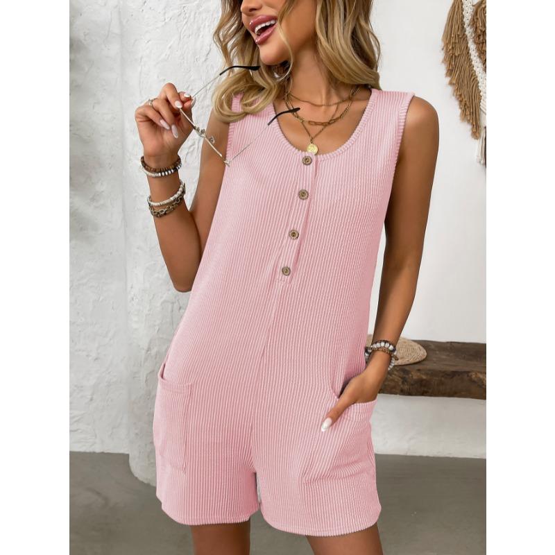 2025 Summer Sleeveless Buttons Casual Vest Jumpsuit Women Shorts O Neck Pockets Fashion Elegant Solid Color Office Simple Playsuits Women's Clothing