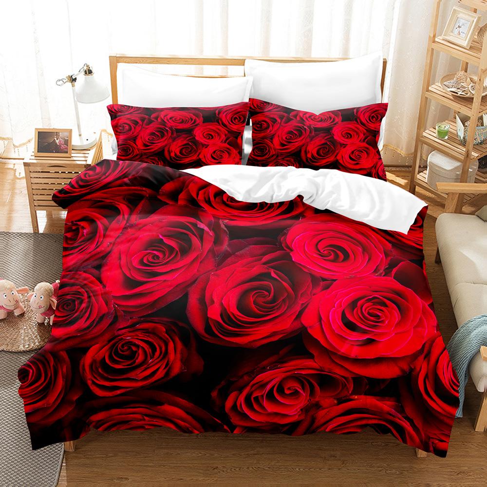 3D Digital Printing Three-Piece Quilt Cover Pillowcase Bed Sheet Quilt Cover Rose Bedding