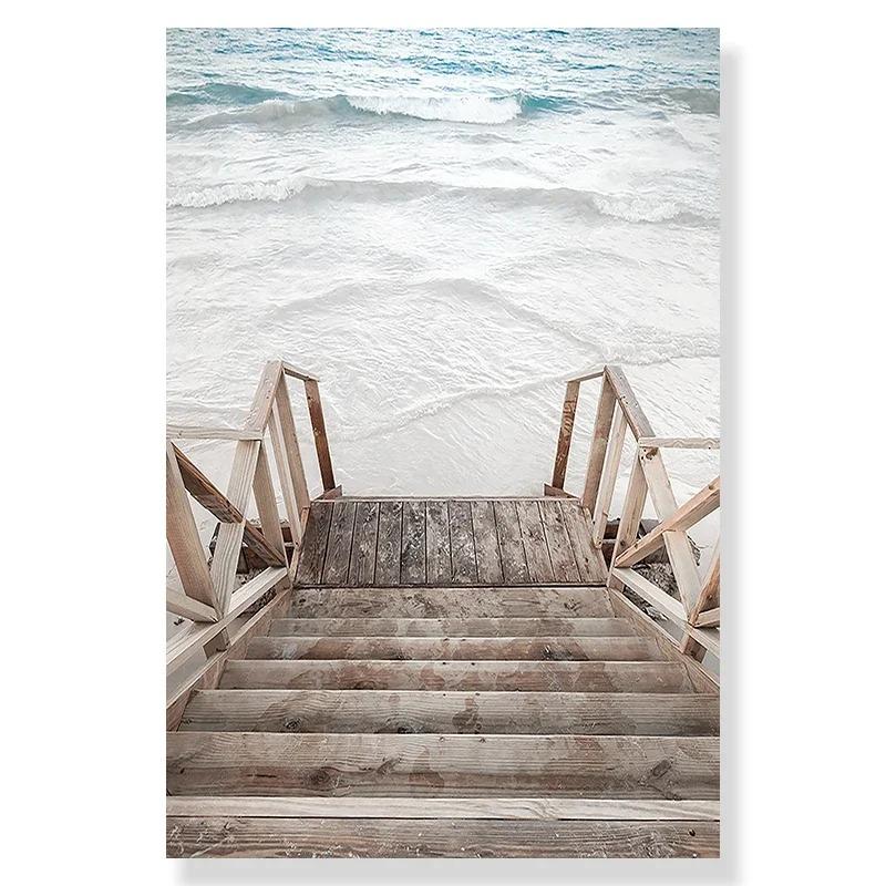 Tropical Beach Ocean Palm Tree Banana Leaves Canvas Poster Holiday Chalet Stairs Print Picture Summer Seascape House Painting