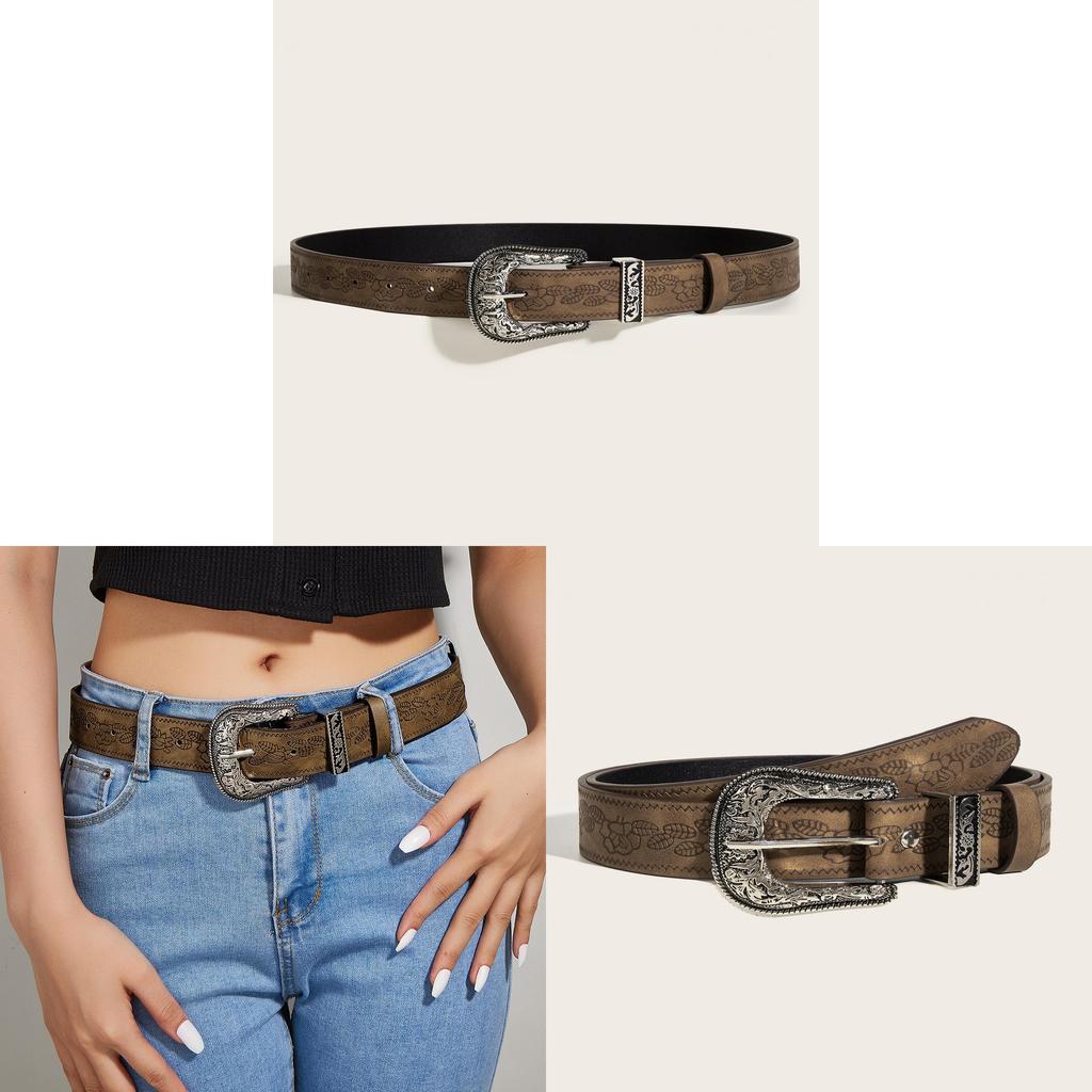 European And American Style Brown Textured Unique Pin Buckle Belt With Special Printed Floral Pattern Unisex 103cm