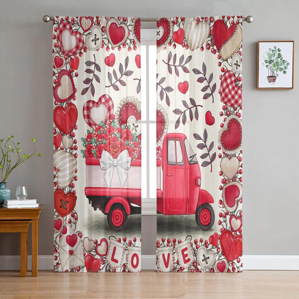 Valentinstag-Aquarell-Herzen, Auto-Tüllvorhänge für Wohnzimmer, transparenter Vorhang für Schlafzimmer, Küche, Jalousien, Voile-Vorhänge