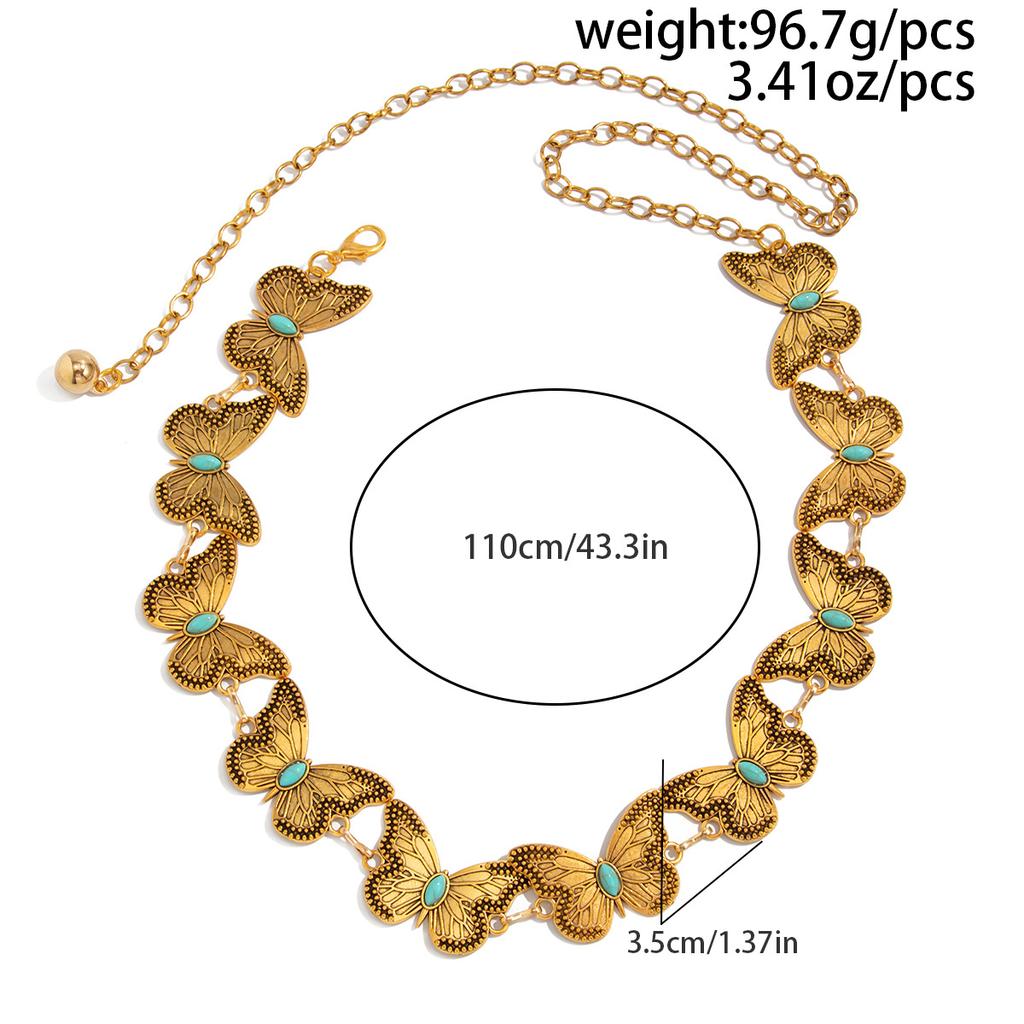 Retro Ethnic Butterfly Waist Chain Gold Silver Color Imitation Turquoise Body Jewelry Belly Chain for Women Sexy Bikini Adjustable Belt Y2K Vintage