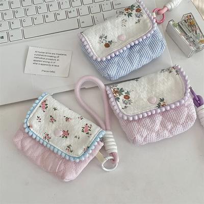 1pc Cute Student Coin Wallet Small Portable Earphone Card Key Storage Bag Floral Korean Ins Style Coin Purse Card Holder Bag