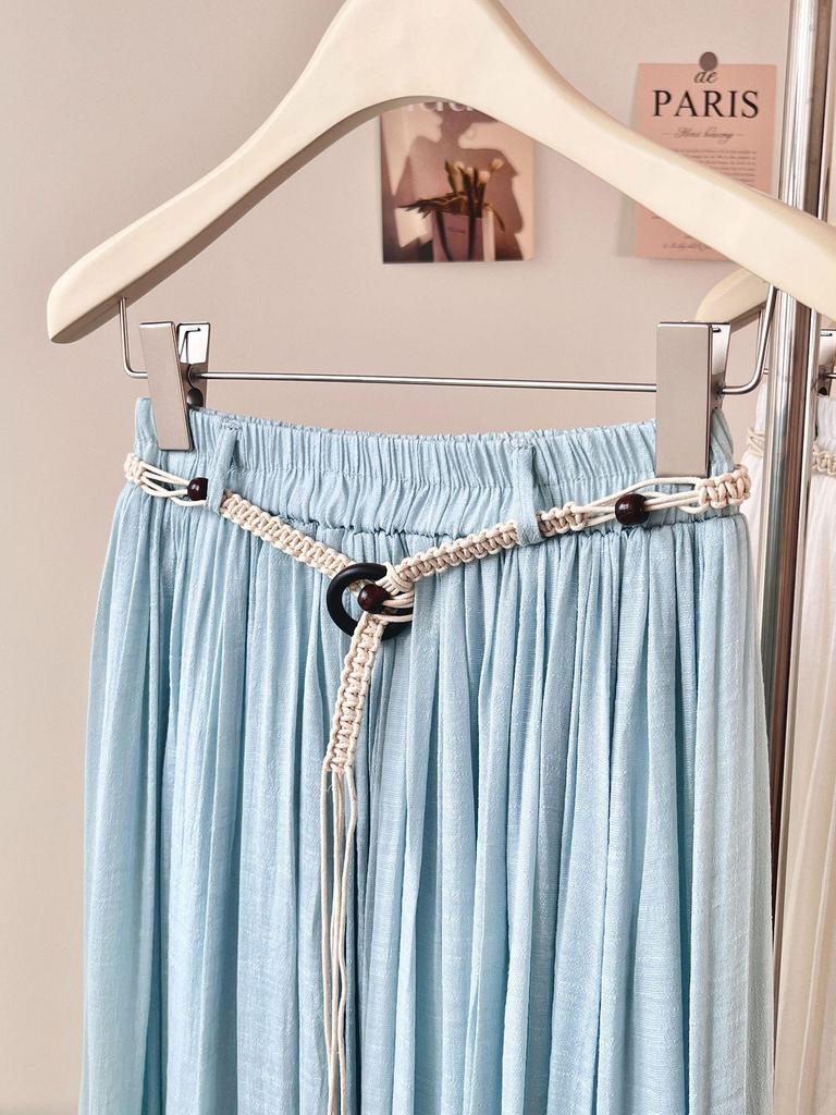 Bohemian High-Waisted A-Line Midi Skirt with Belt - Women's Flowing Slim Summer 2026 Style