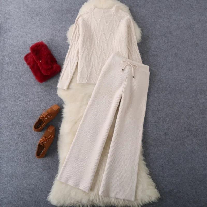 Autumn/Winter Knit Sweater & Wide-Leg Pants Set - Thick Korean Style, Loose Fit Women's Fashion