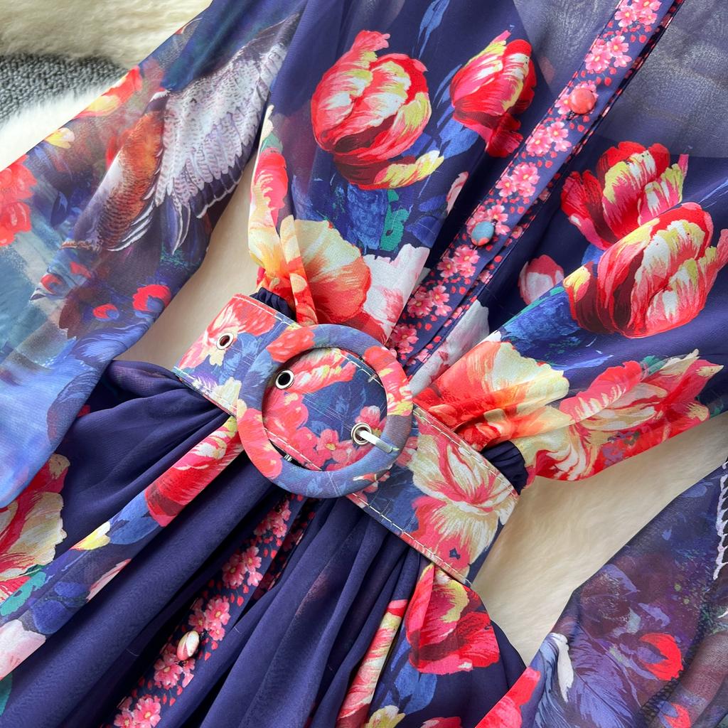 Summer Women Vintage Print Turn-down Collar Chiffon Holiday Beach Long Maxi Shirt Dresses With Belt