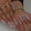 24Pcs Long Square Press On Nails Leopard Print French 3D Cherry Design False Nail Rhinestone Wearable Full Cover Fake Nails Tips