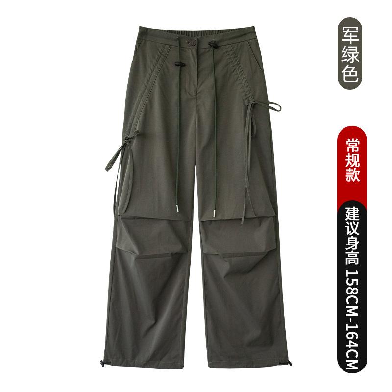 Bow overalls women's spring new paratrooper pants high waist wide legs thin lace-up casual sports pants