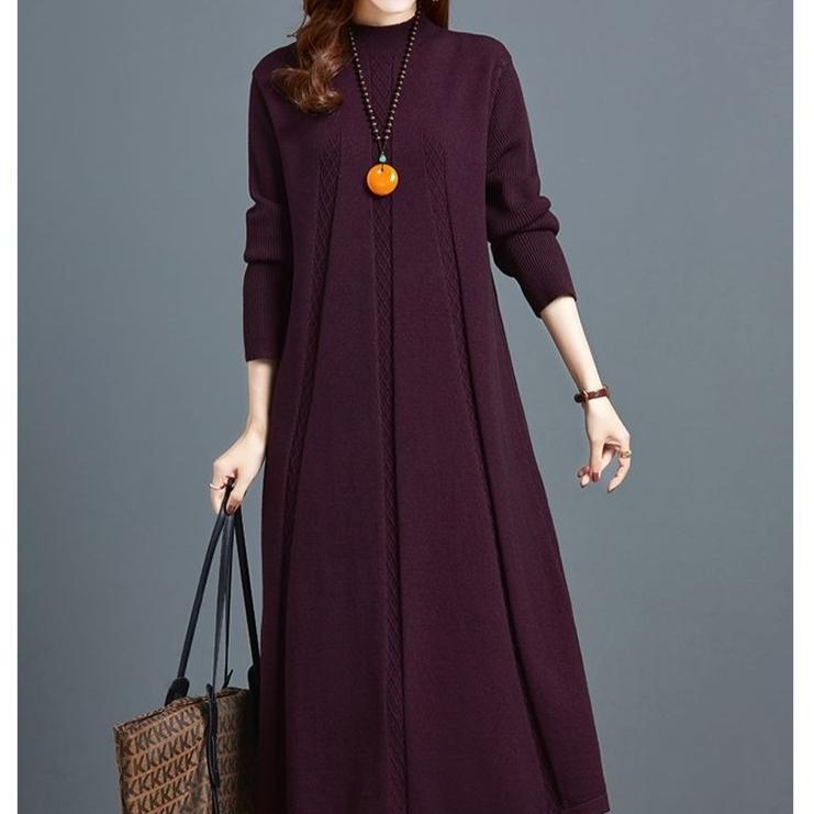 Long Knee-length Knitted Dress for Women In Autumn and Winter Solid Color Loose Plus-size Sweater Dress Half Turtleneck Sweater A-line Dress