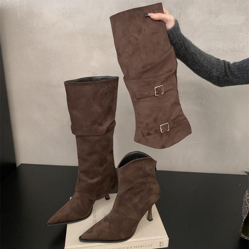 Fashion Street Style Pointed Toe Women Knee-High Boots Fashion Button Combination Splicing Thin High Heels Long Booties