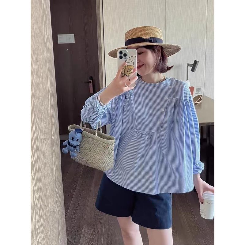 

Chic Asymmetrical Single Breasted Loose Long Sleeve Blouse Blue Tops S