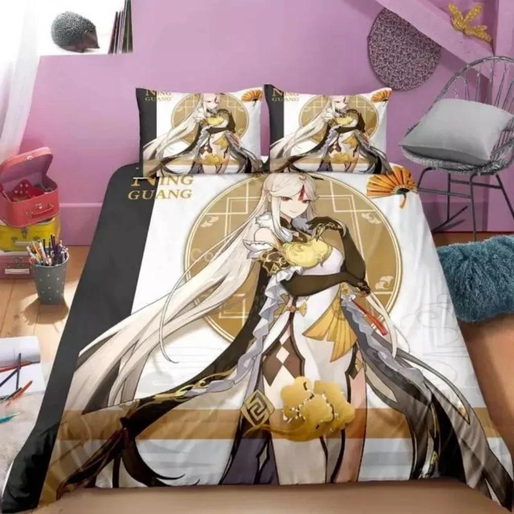Genshin Impact Sängklädesset Tecknad Anime Påslakan Enkel Dubbel Storlek Barn Pojkar Lyx 3D Sänglinne Dekor Hem