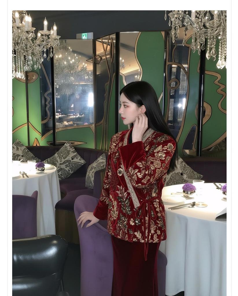 V-neck Embroidered Chinese Style Winter Down Jacket & Skirt Suit NY064