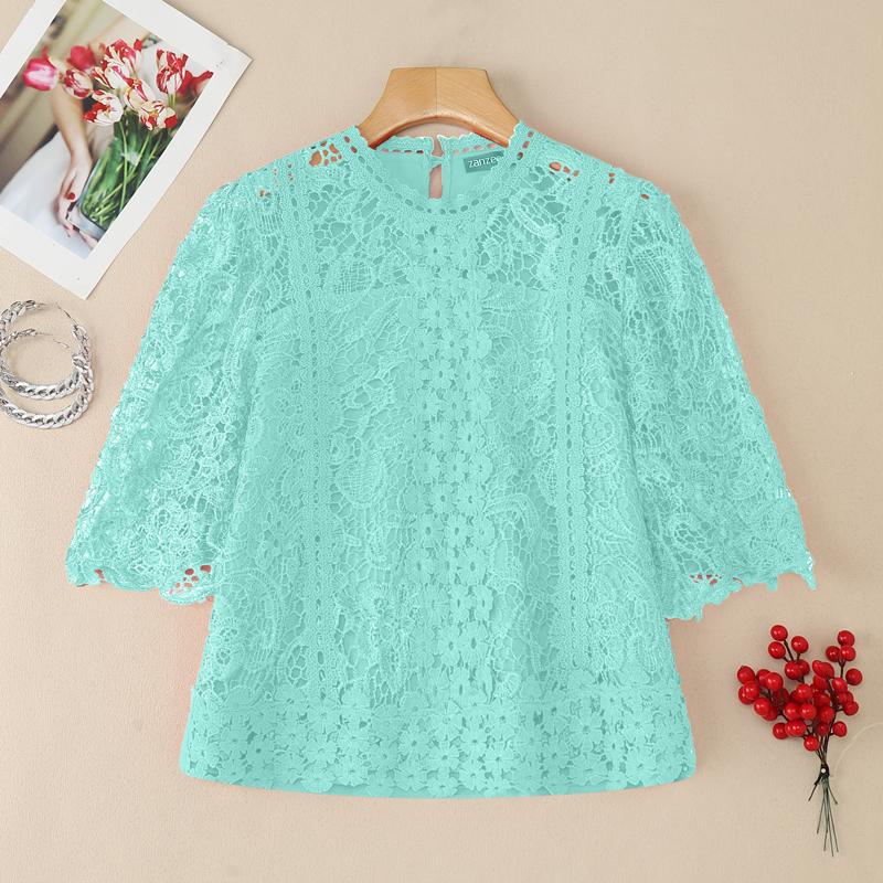 

ZANZEA Женская летняя блузка с коротким рукавом, ажурная, вязаная крючком, пэчворк 5XL зелёный