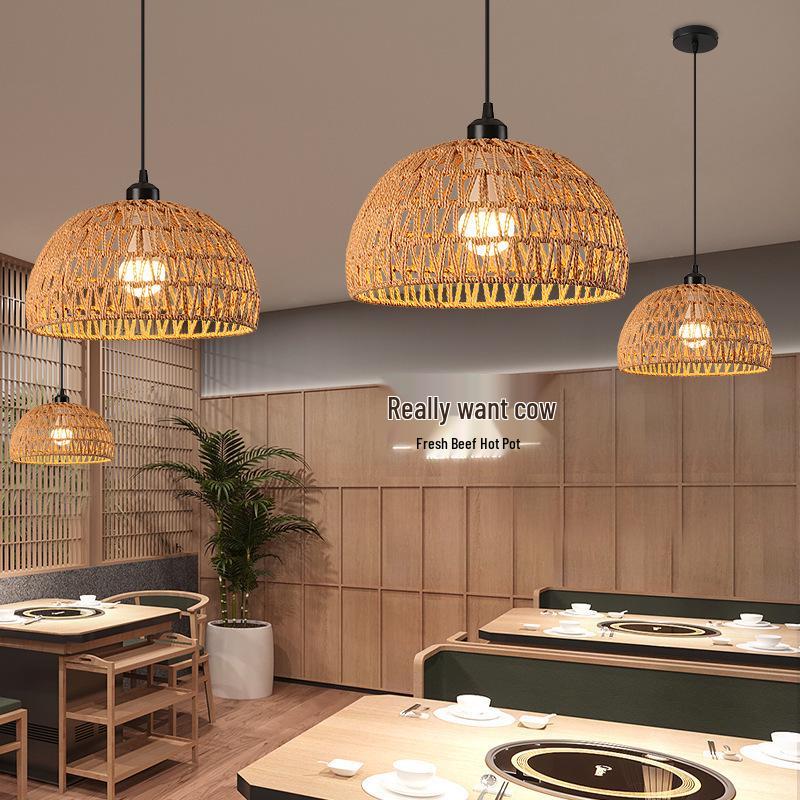 Zen-Inspired Chinese Pendant Lamp with Hemp Rope and Japanese Straw Hat Design