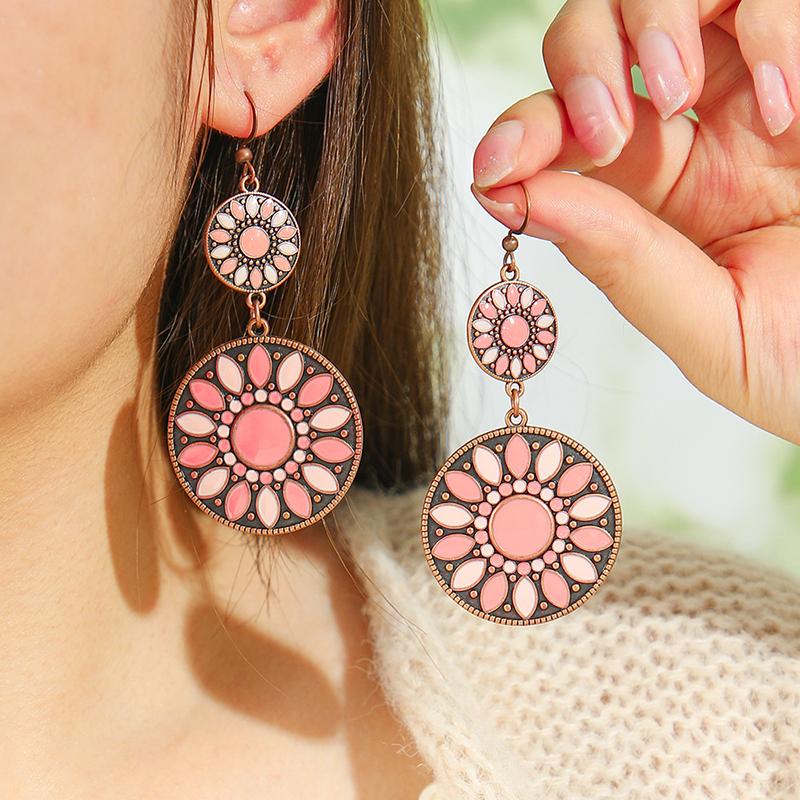 New Boho Ethnic Fashion Colorful Drop Oil Round Earrings For Women Sum Flower Enameled Distinctive Sweet Vacation Jewelry Gift