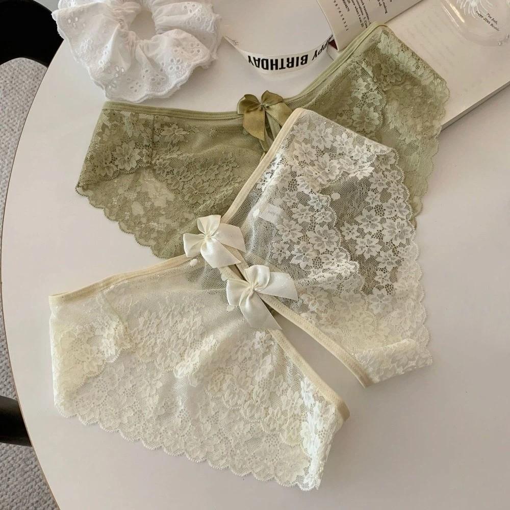 Hollow Bow Mesh Lace Panties Floral Lace Underpants See-through Thong Underwear for Women  Hotel