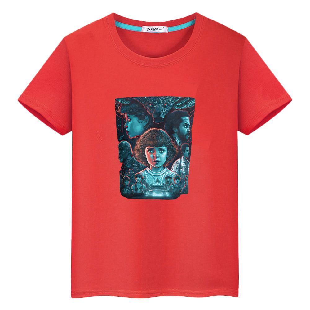 

t shirt for kids boy10year stranger things print 100%Cotton Anime Tees y2k one piece Kawaii Short Tops tshirt kids clothes girls 100 красный