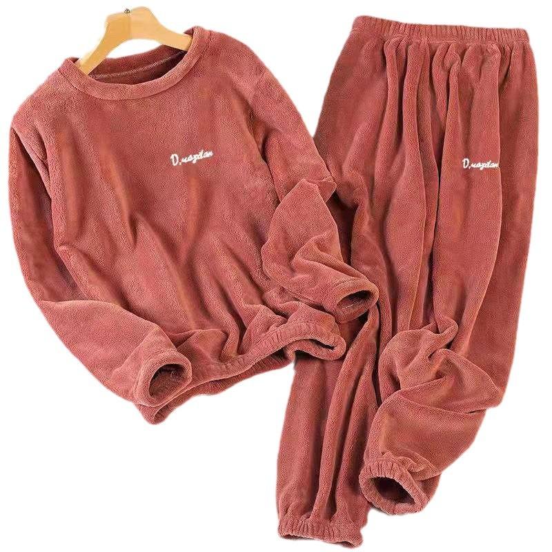 Leisure 2024 Autumn Winter Women's Warm Velvet Pajamas Loose Round Neck Elastic Top Warm Wool Elastic Waist Tight Leg Pants Set