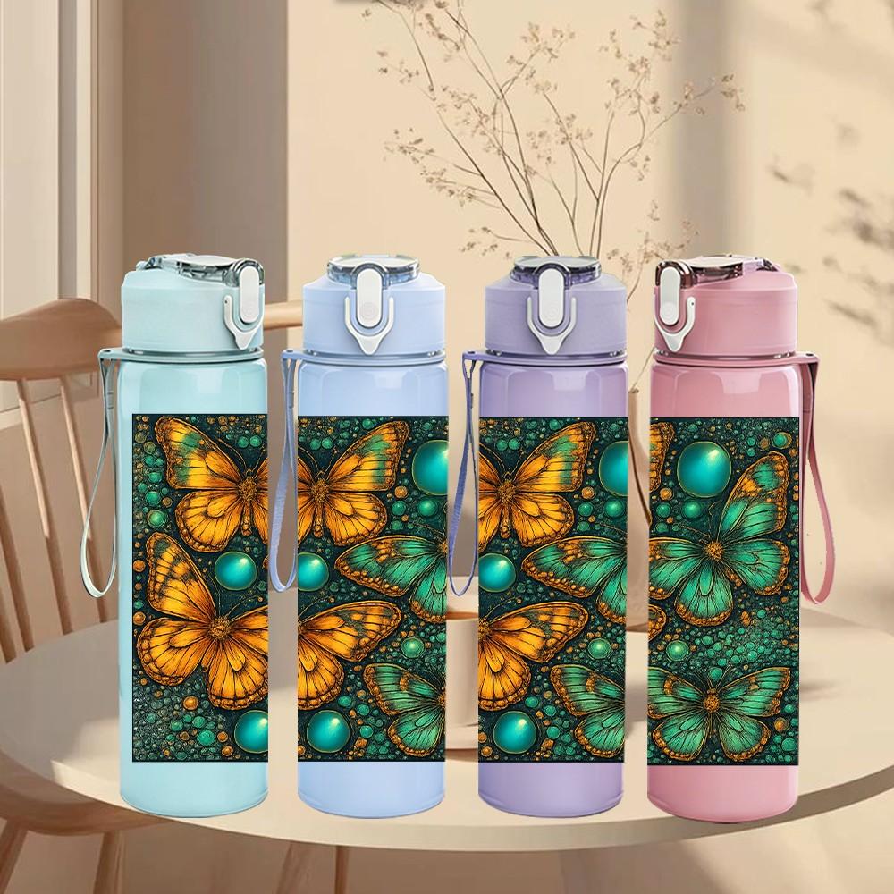 1PC Teal Gemstone Pattern Art 750ml Color Plastic Sports Water Bottle Leakproof Flip Straw Lid Suitable for Sports Office Home Use