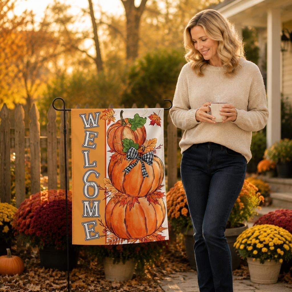 Linen Double Sided Garden Flag with Pumpkin Design for Fall Seasonal Outdoor Decoration 45 by 30 Centimeters Durable Fabric Yard Banner