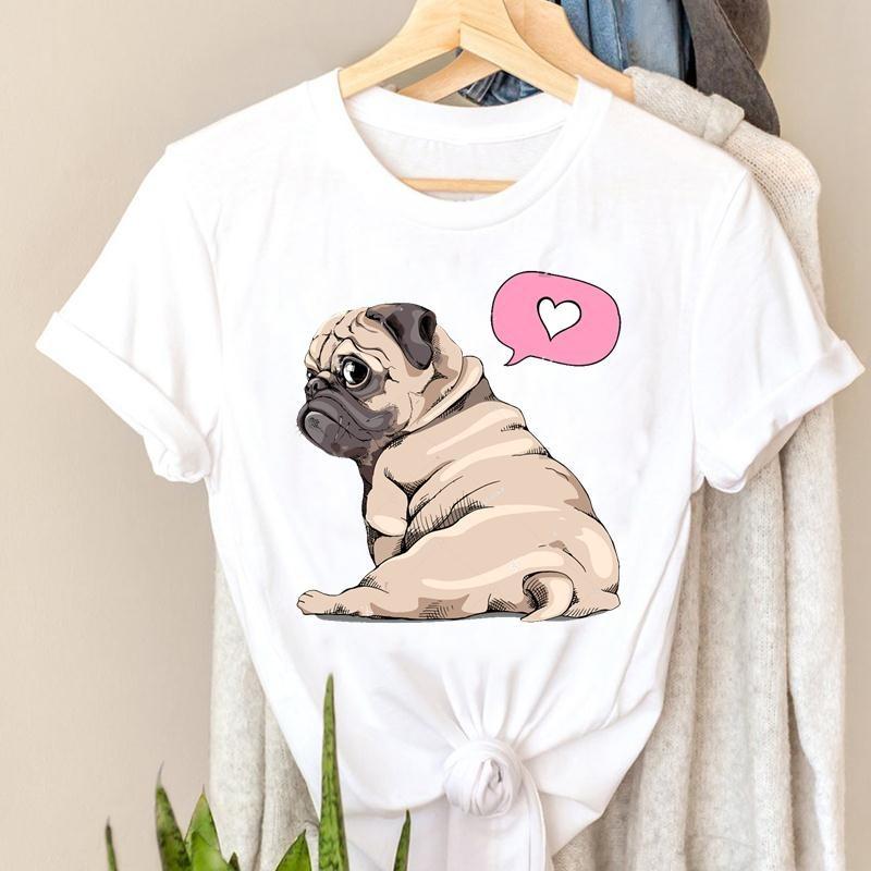 Dog Pug Love Cute Women Printing Short Sleeve T-shirt  Casual Fashion Clothes  T Tee Top Print  Female Clothing Graphic T-shirt