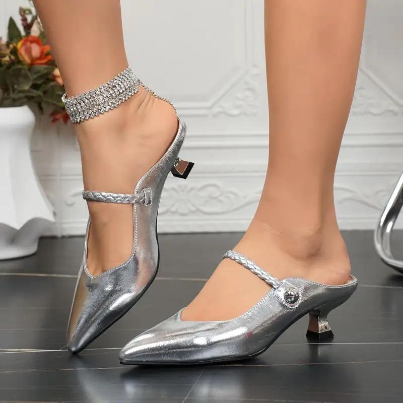 Fashion Silver Vintage Pointed Toe Mules Slippers Women 2025 Summer Weaving Strap Close Toe Low Heel Slippers Vintage Jazz Shoes Size 43