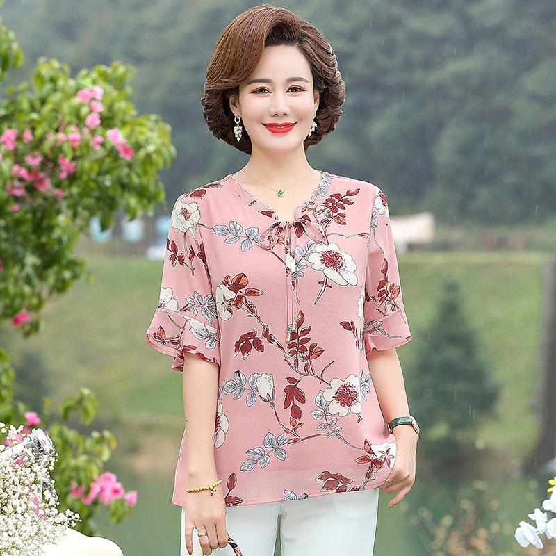 Mother Top Chiffon T-shirt Middle-aged and Elderly Short-sleeved Women's Clothing New Style Thin Shirt Fashionable