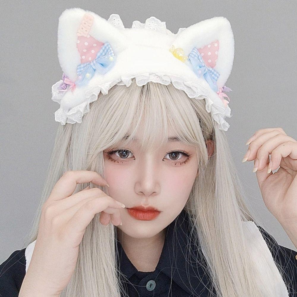 Furry Cat Ears Headband Lace Lolita Bandeau Funny Bear Ear Hair Band  Lolita Accessories