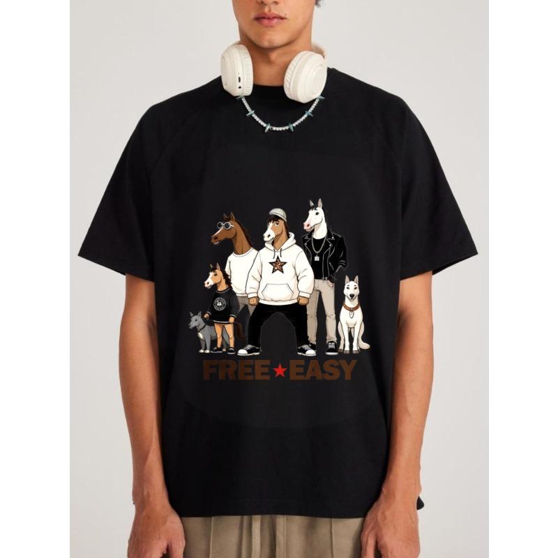 

Хлопковая футболка с мультяшным принтом белой лошади и собаки, свободная, с легким текстом, повседневная одежда для мужчин и женщин, уличная мода, летний наряд XXXXL чёрный