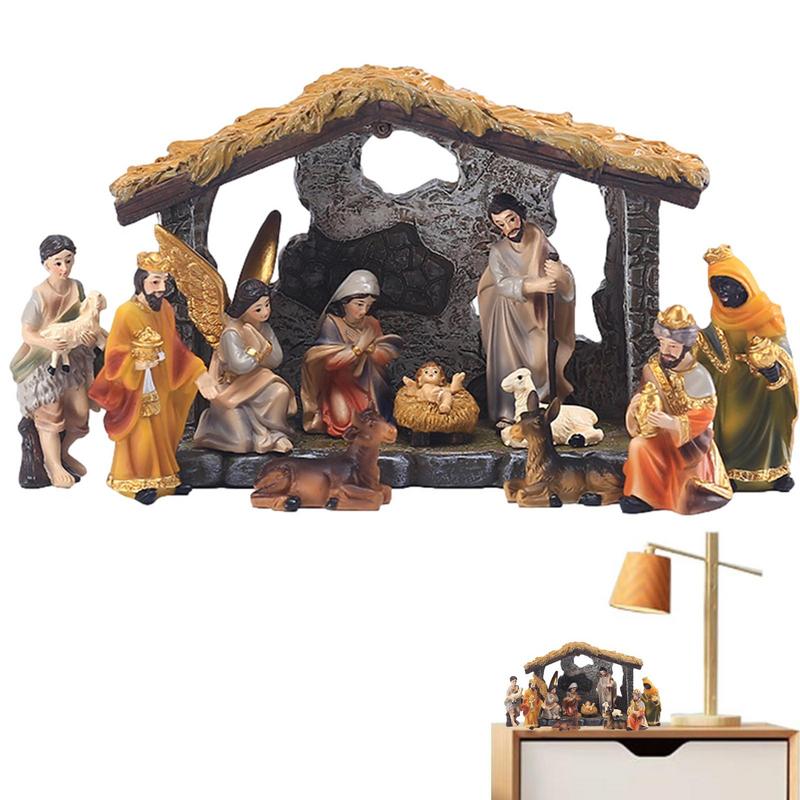 Nativity Scene Sets Set of 12 Resin Tabletop Nativity Set Manger Scene Christmas Indoor Decorations Holy Crafts Statue Decor
