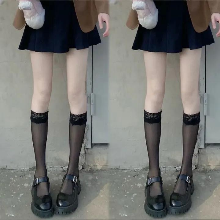 Lolita Summer Nylon Floral Lace Trim Calf Socks Ultra-Thin Transparent Sheer Knee High Socks Jk Girl Women Long Kawaii Stockings