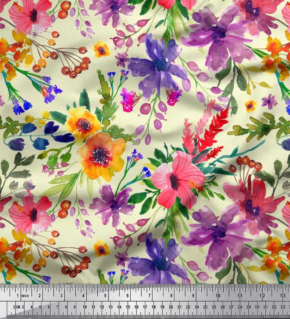 Soimoi Japan Crepe Satin Fabric Flower & Leaves Watercolor Decor Fabric Printed metre 42 Inch
