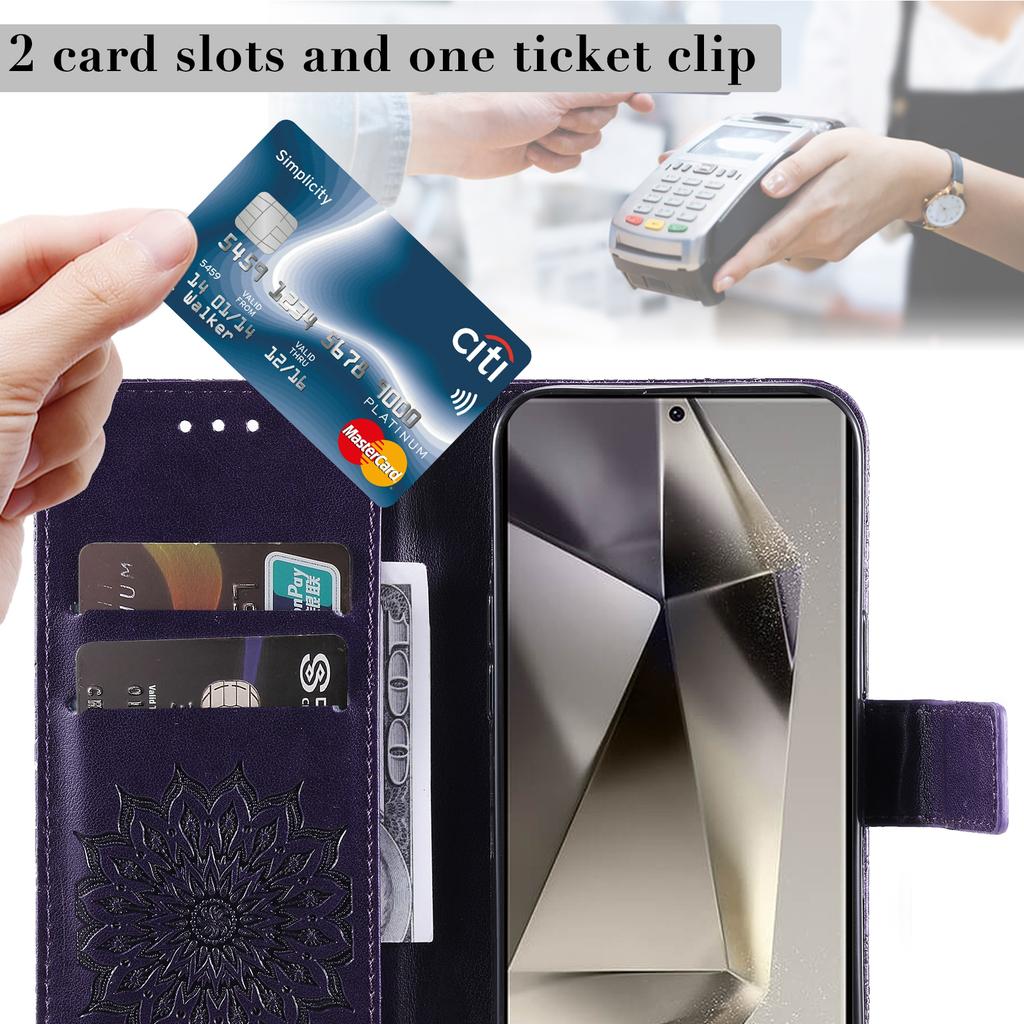 For Samsung Galaxy S25 Ultra Phone Case Sunflower Imprinted Leather Wallet Stand Cover with Strap