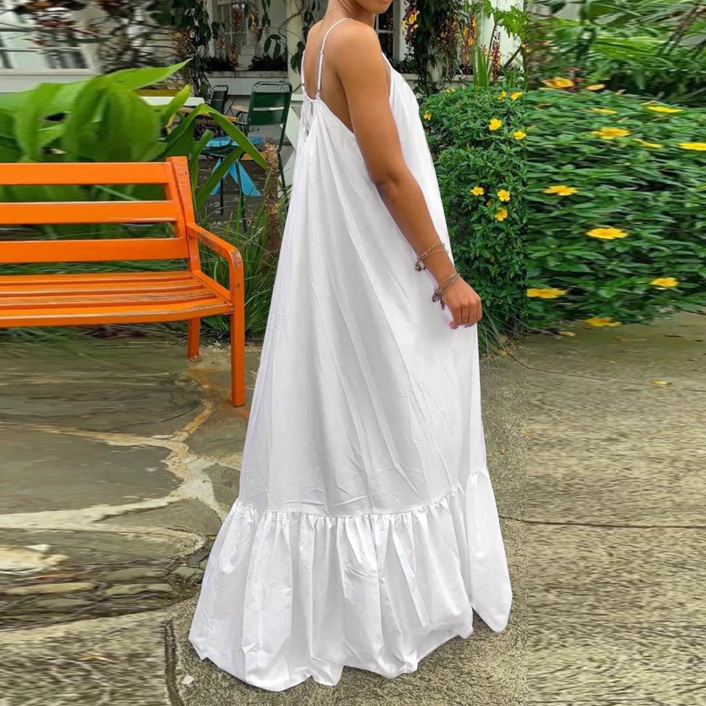 Women Fashion Casual Solid Strap Dress Pocket Loose Backless Big Swing Dress