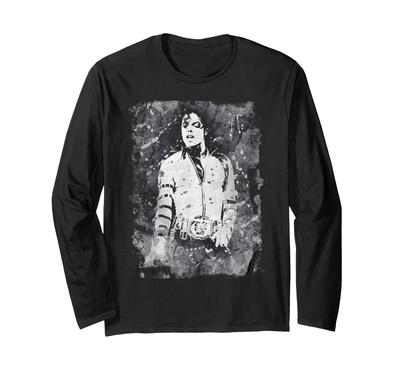 Camiseta de Manga Longa Michael Jackson Bad World Tour 1988 Salpicos Preto e Branco