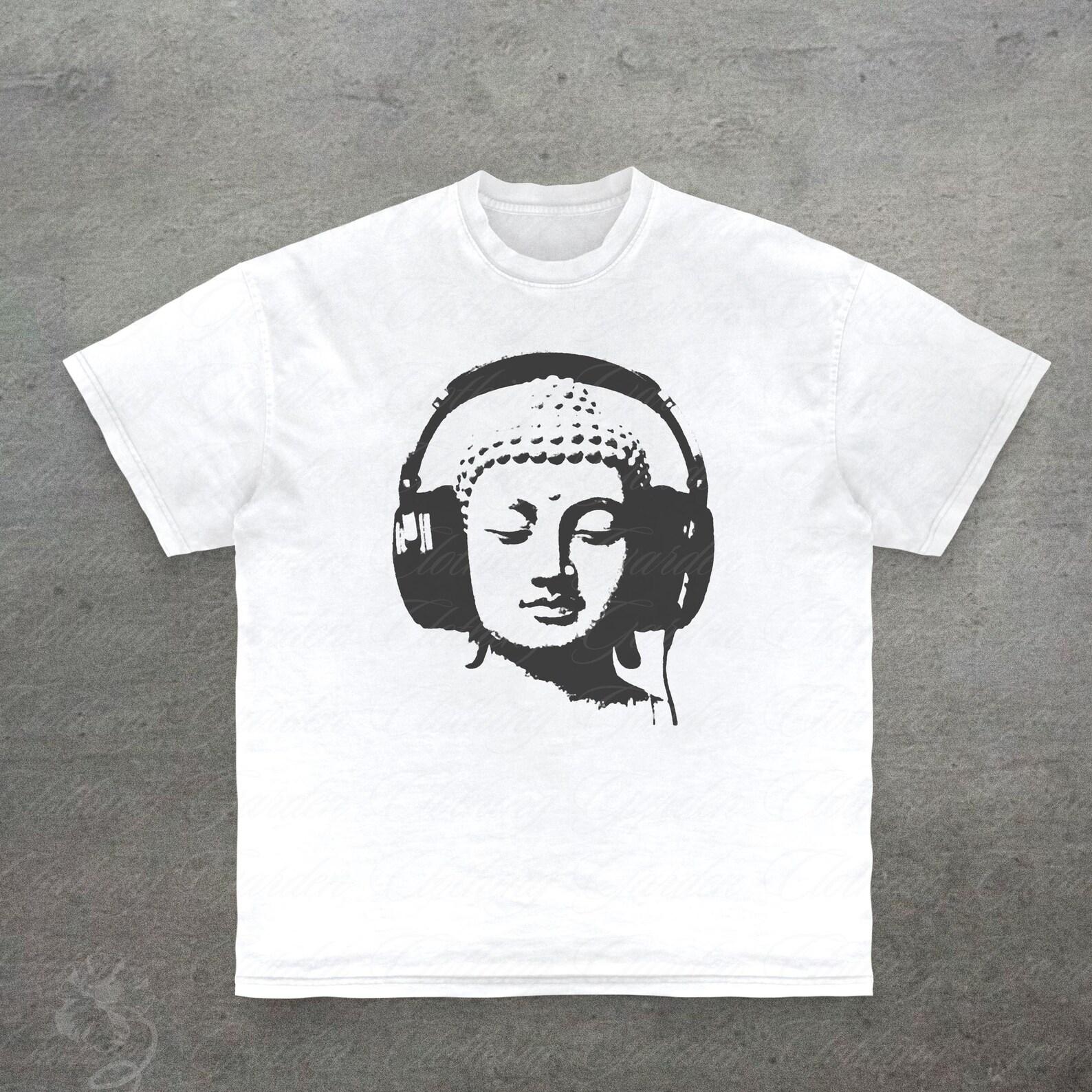 Buddha Headphones Graphic Tee, Funny Spiritual T-Shirt for Men Women, Retro Pop Art Buddha Top, Aesthetic Music Lover Shirt, Unisex Gift L