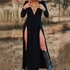 Women'S Long-Sleeved V-Neck Solid Color Hollow Dress Long Dress